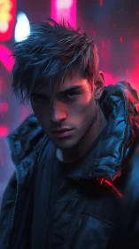 Neon storm drifter in rainlit cyber alleyway glare.