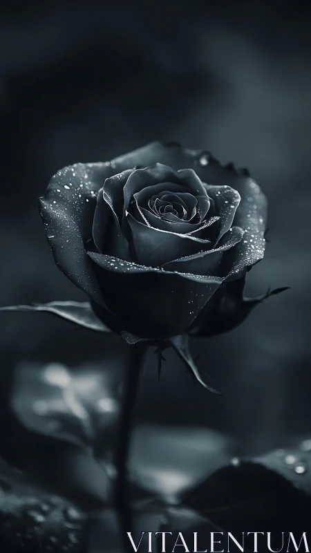 Midnight black rose glows under dewy low-key lighting.