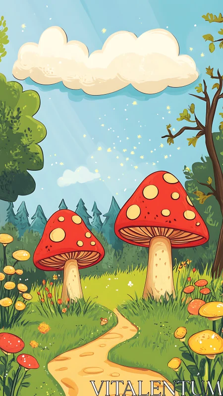 Whimsical red mushrooms line a winding forest path under clouds.