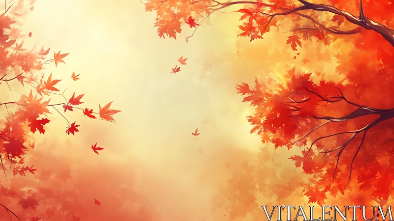 Autumn maple canopy with drifting leaves and diffuse backlight