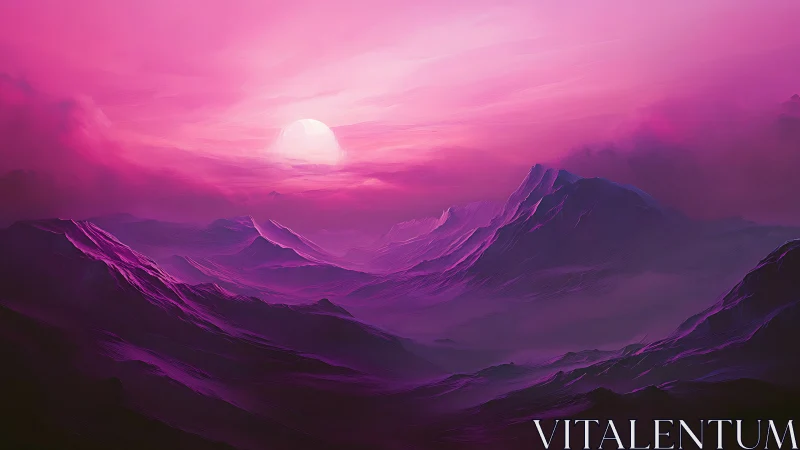 Digital pink mountain range under low sun is depicted here