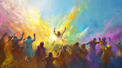 Crowd celebrates radiant figure under exploding color sky.