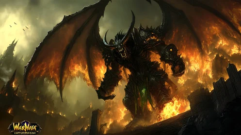 Towering demon erupts from fiery ruins in dramatic fantasy