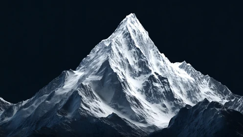 Snowy jagged mountain peak against deep dark sky.