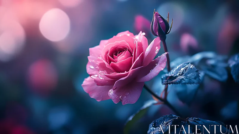 Pink Rose in Bloom with Dewdrops Against Blue Bokeh.