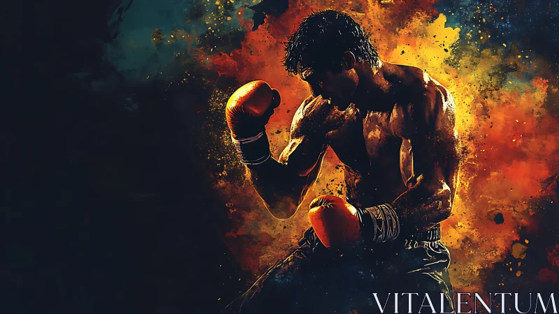 Boxer in Combat Stance Surrounded by Explosive Fire Energy.