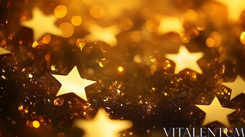Photorealistic golden star bokeh with shallow depth of field.