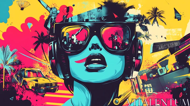 Neon cyber heroine with VR visor in kinetic tropical chaos.