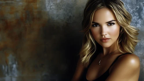 Soft golden portrait against weathered urban backdrop.