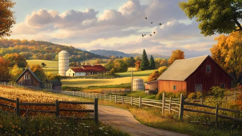 Golden hour rural farmstead with red barns and silos.