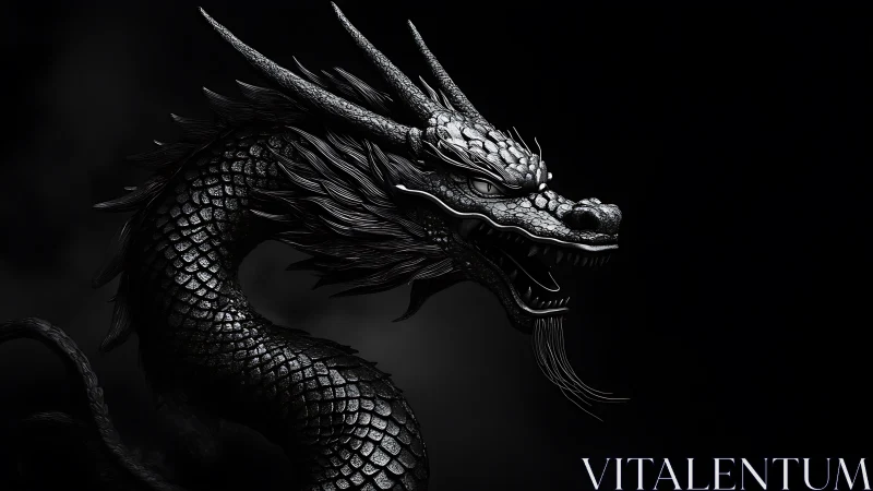 Midnight obsidian dragon coils through luminous shadowed void.