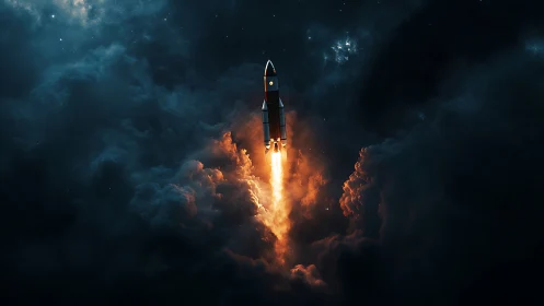 Rocket cuts through stormlit nebula with blazing ascent.