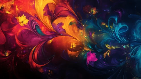 Swirling rainbow petals dance across a glowing night canvas