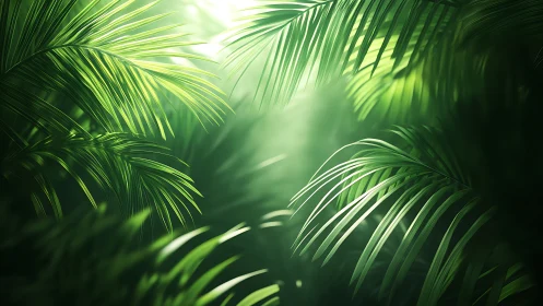 Sunlit tropical palm leaves inviting a calm green escape.