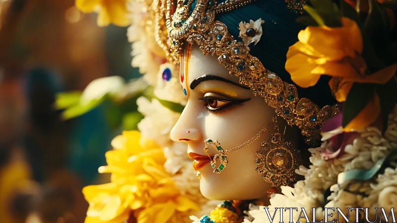 Ornate deity sculpture glows amid vibrant marigold garlands