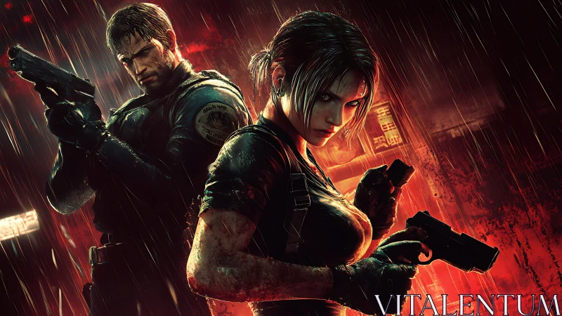 Stormlit gunfighters carve neon scars through the red rain