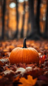 Pumpkin rests on forest floor amid defocused autumn foliage