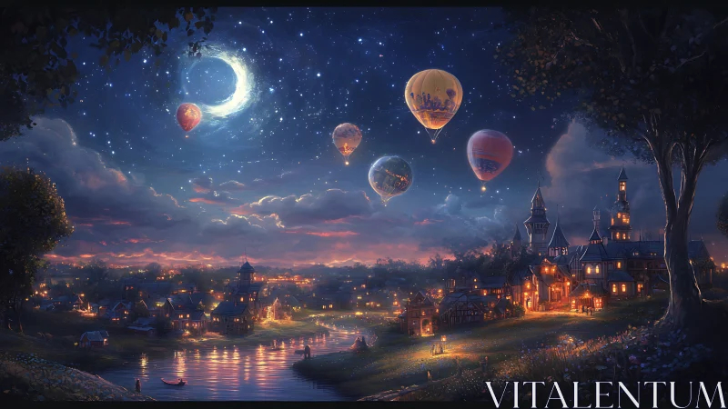 Fantasy village night sky with glowing crescent and balloons