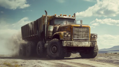 Heavy off-road dump truck kicking dust on rugged track.