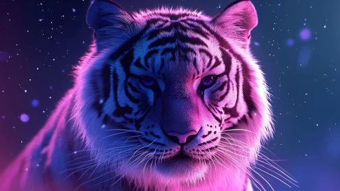Moonlit white tiger glows softly in dreamy neon colors