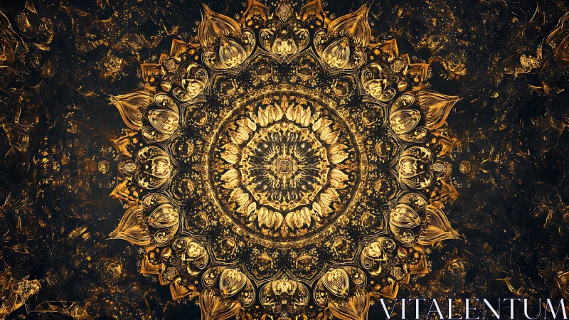 Golden fractal mandala radiates over dark textured background