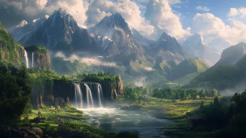 Mountain valley with waterfalls, rivers and distant peaks.