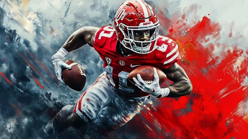 College football running back in red uniform on abstract field.