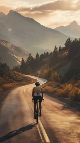 Cyclist riding alone on winding mountain road at sunrise.