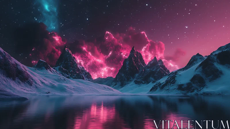 Neon nebula over icy alien peaks and reflective lake.