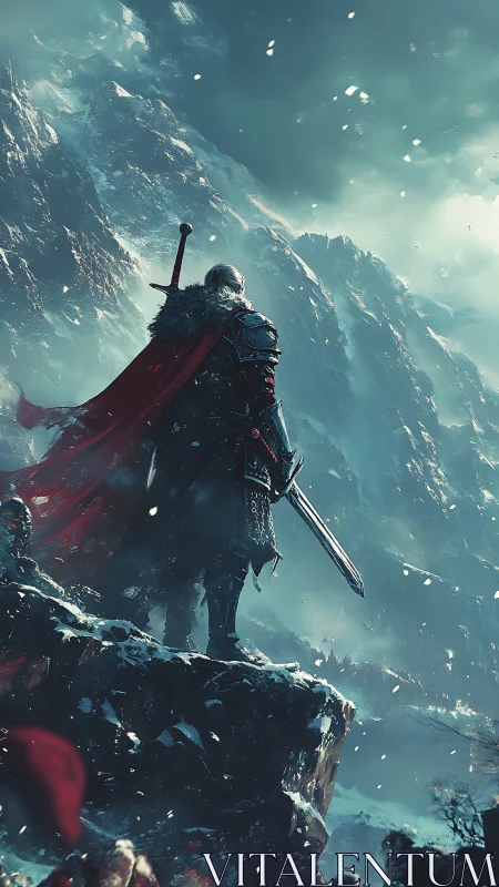 Armored warrior surveys snow-covered mountainside in winter