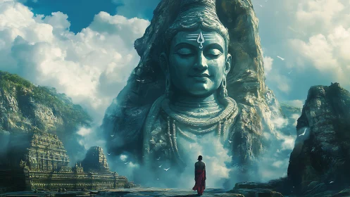 Mountain god in cloud-wreathed valley confronting lone pilgrim.