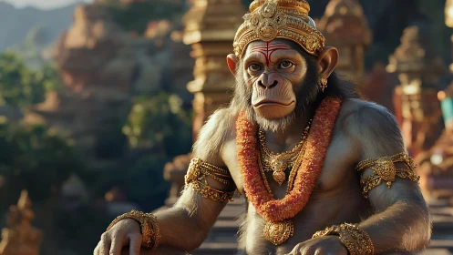 Regal monkey deity in ornate gold temple courtyard at dusk.