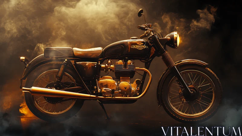 Vintage motorcycle glows through dramatic golden smoke.