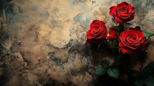 Red roses against weathered textured backdrop.