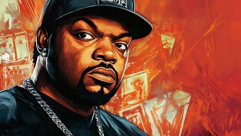 Digital rap portrait shows intense stare over fiery backdrop