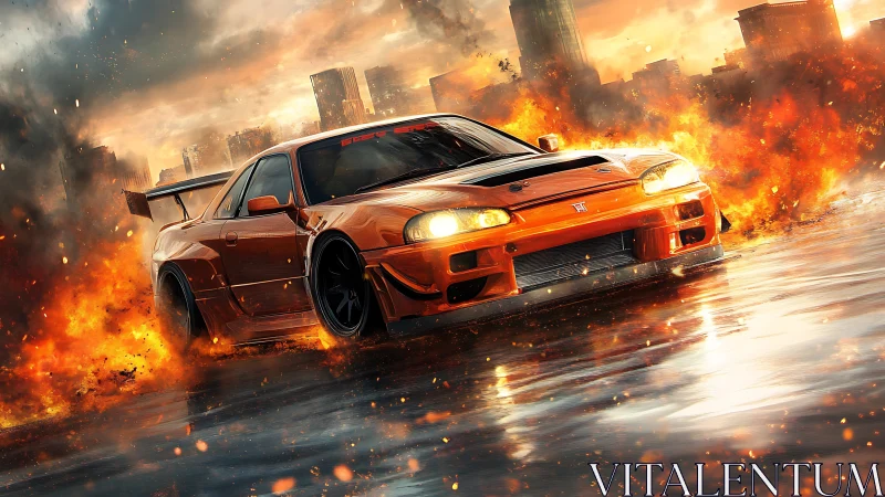 Dynamic drift car amid urban inferno, high-impact digital art.