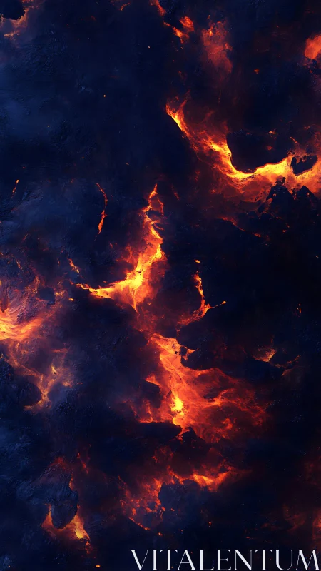 Molten Lava Flows in Deep Night Sky.