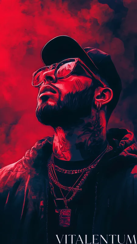 Man in red-blue digital portrait looks upward in profile