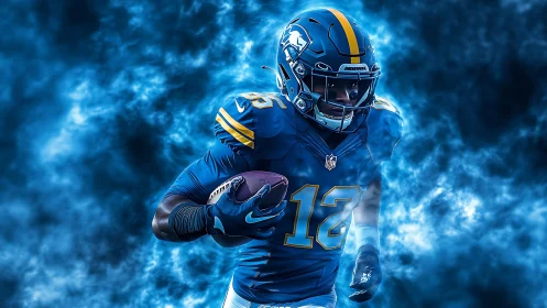 Electric blue football runner charging through swirling energy.