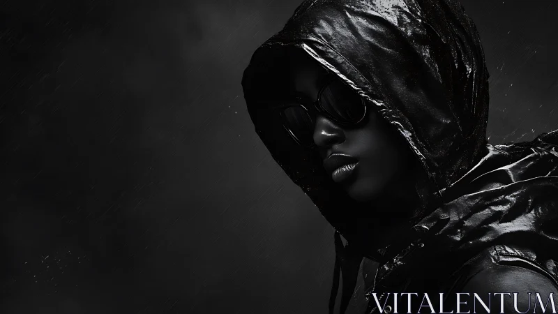 Hooded figure in dark rainwear with reflective wet surfaces.