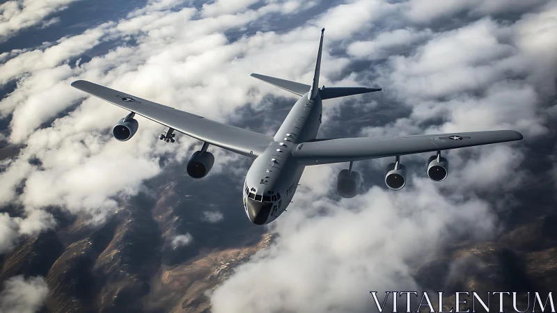 Military jet bomber cuts through dramatic clouds in flight