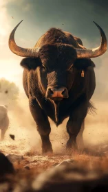 Massive horned bull charges forward through dusty sunlight