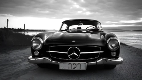 Classic black coupe resting by a quiet waterside road.