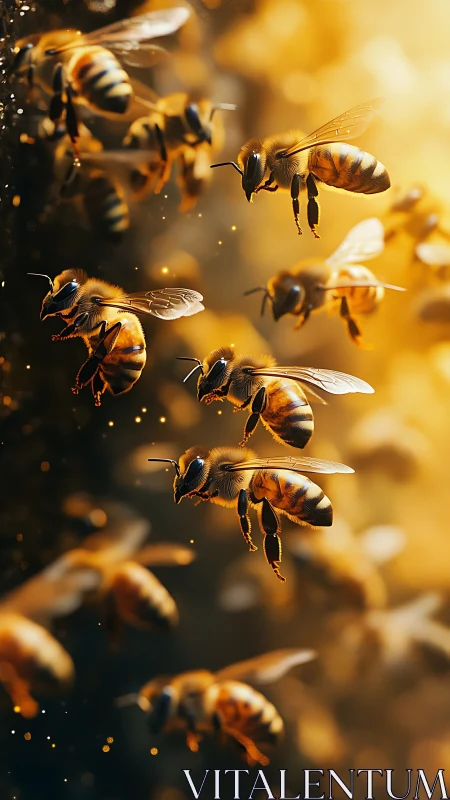 Honeybees in golden backlight with shallow depth of field.