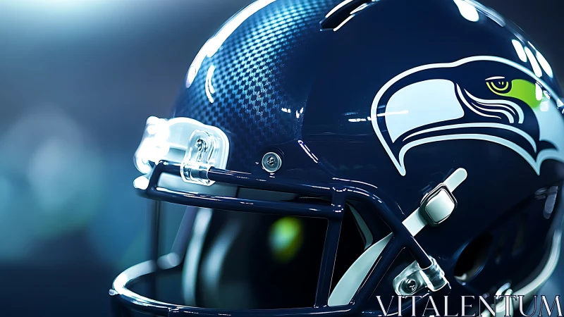 High-gloss football helmet with avian logo and carbon shell.