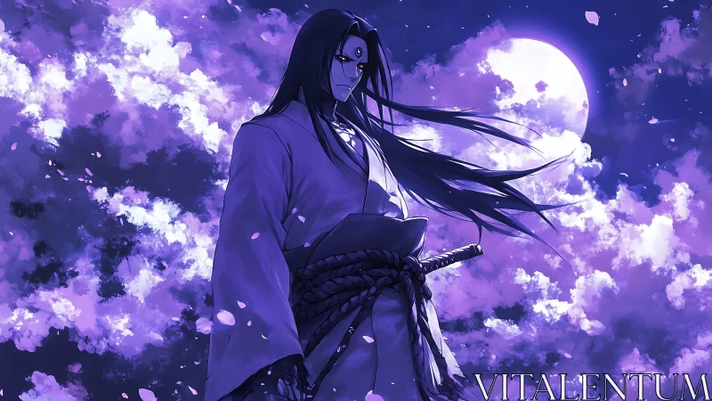 Sword wielding warrior under violet moonlit sky.