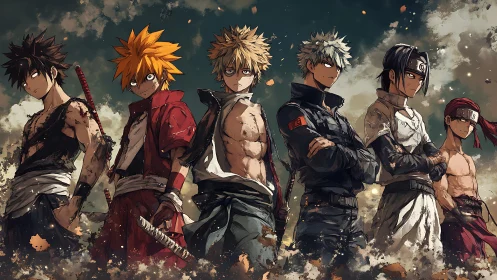 Anime warrior lineup in gritty shonen battle illustration style.