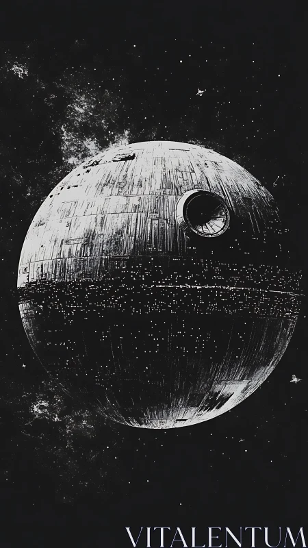 Monochrome spherical space station in deep star field.