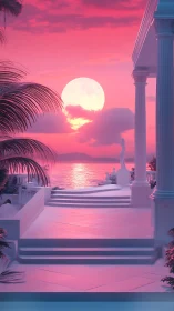 Neoclassical terrace under neon pink moonlit seascape.