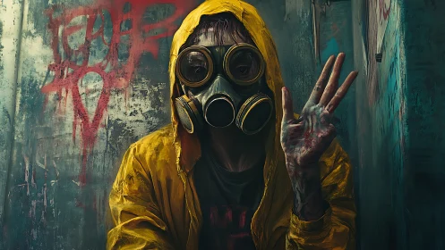 Gas-masked drifter in yellow hooded suit, alleyway vigil.